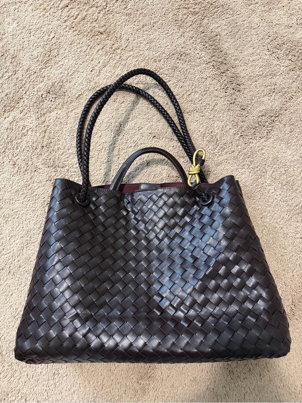 Woven Leather Tote Bag in Dark Brown